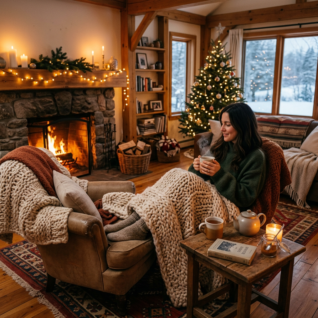Woman wrapped in chunky knit blanket sitting with tea near fireplace and Christmas tree
