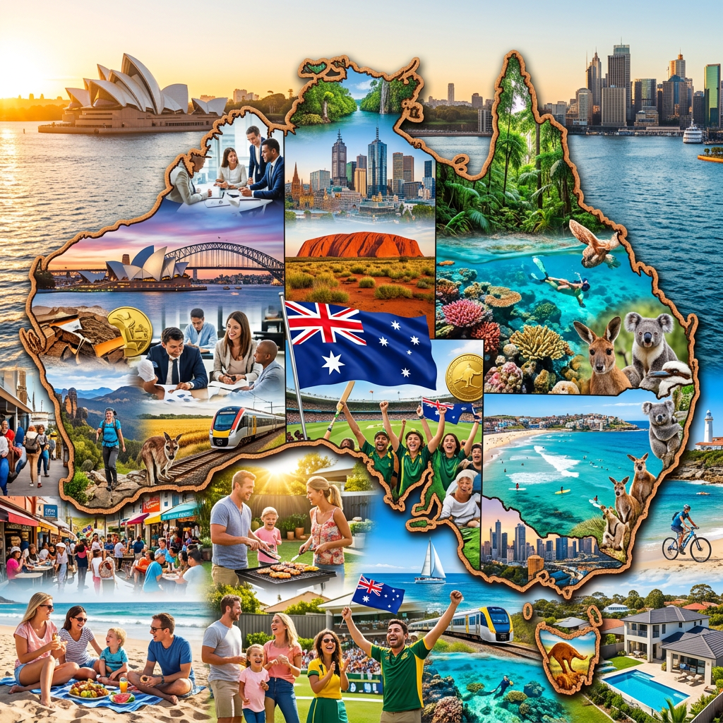 Collage of Australian landmarks, wildlife, people, and coastal scenes forming a map shape