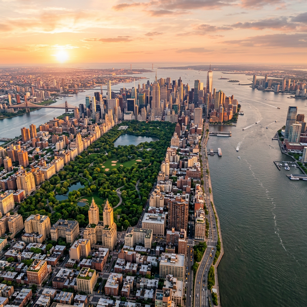 Aerial view of Manhattan skyline with Central Park and rivers at sunset