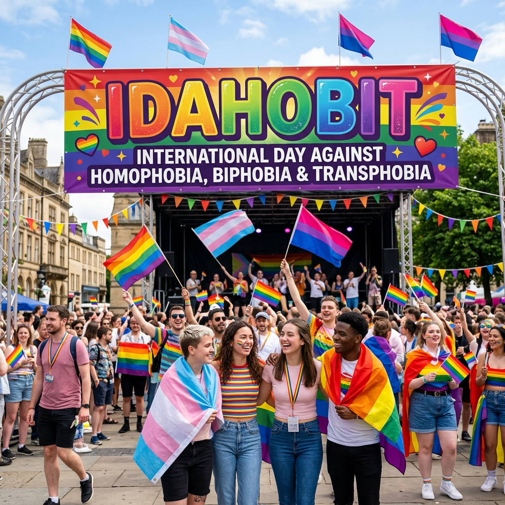 People gathered at IDAHOBIT event holding rainbow and transgender flags