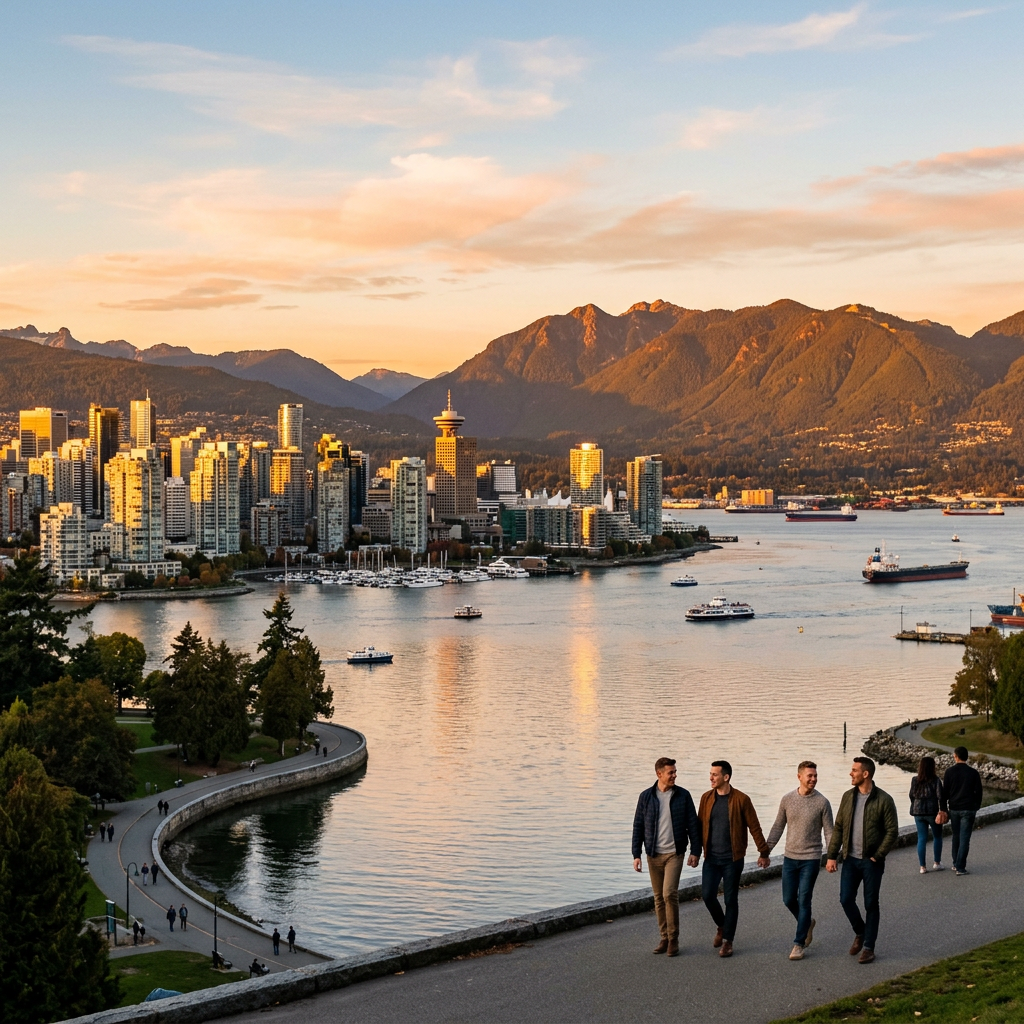Four men walking along a waterfront path near Vancouver city skyline with mountains in background