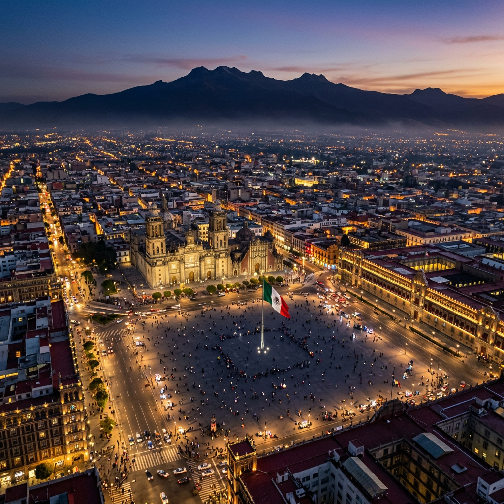 Zócalo Plaza with large Mexican flag and Metropolitan Cathedral at dusk with city lights