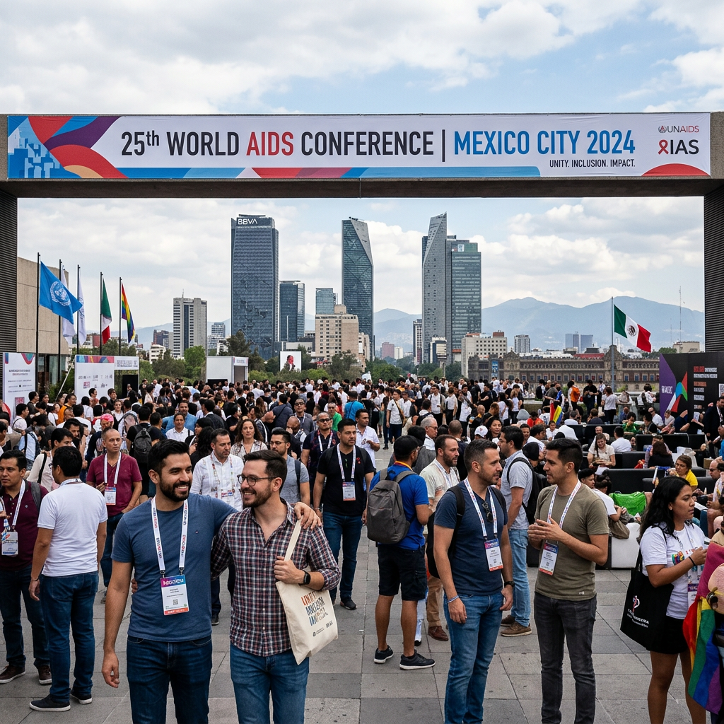 Crowd at 25th World AIDS Conference Mexico City 2024 with city skyline