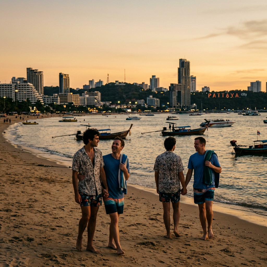 Two couples holding hands walking barefoot on a sandy beach near Pattaya city at sunset