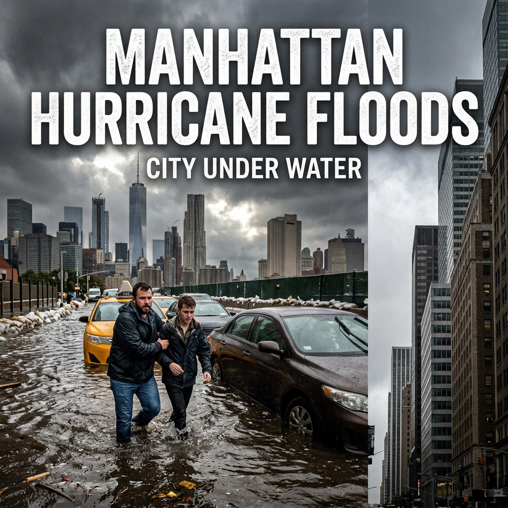 Two men walking through waist-high floodwater on a city street with flooded cars and Manhattan skyline