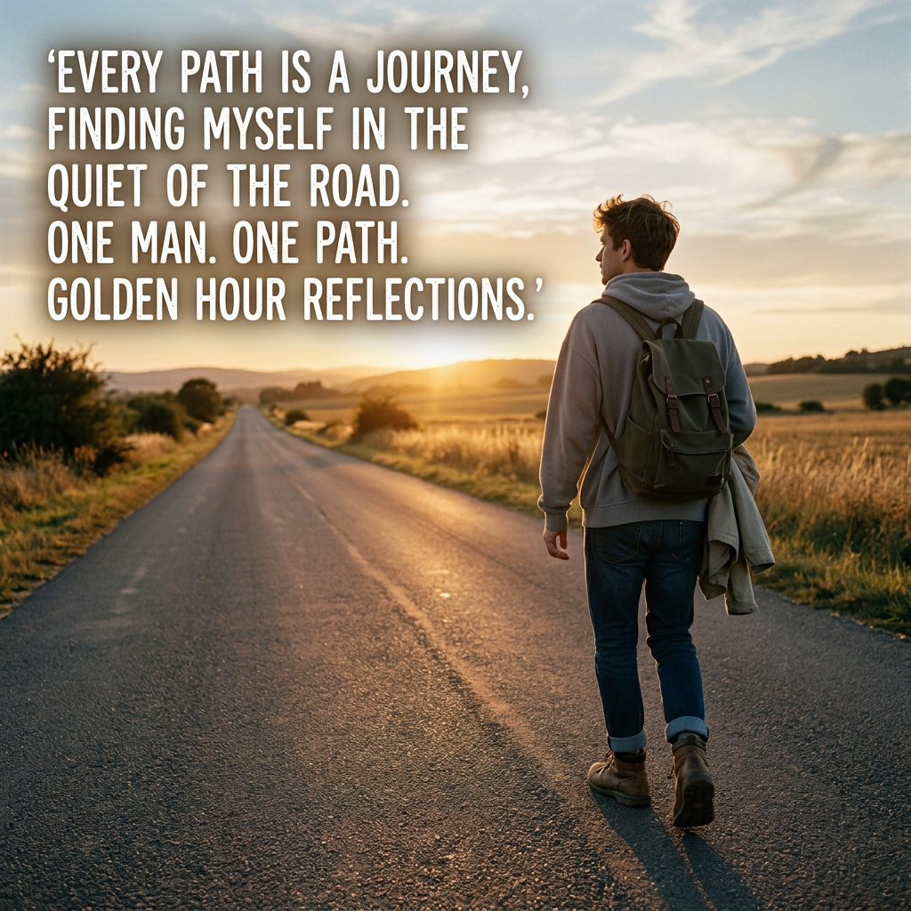 Man with backpack walking on empty road at sunset with reflection quote