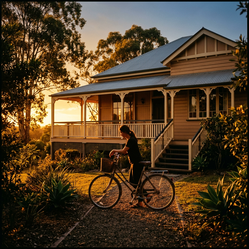 Person standing beside bicycle on a path in front of a house at sunset