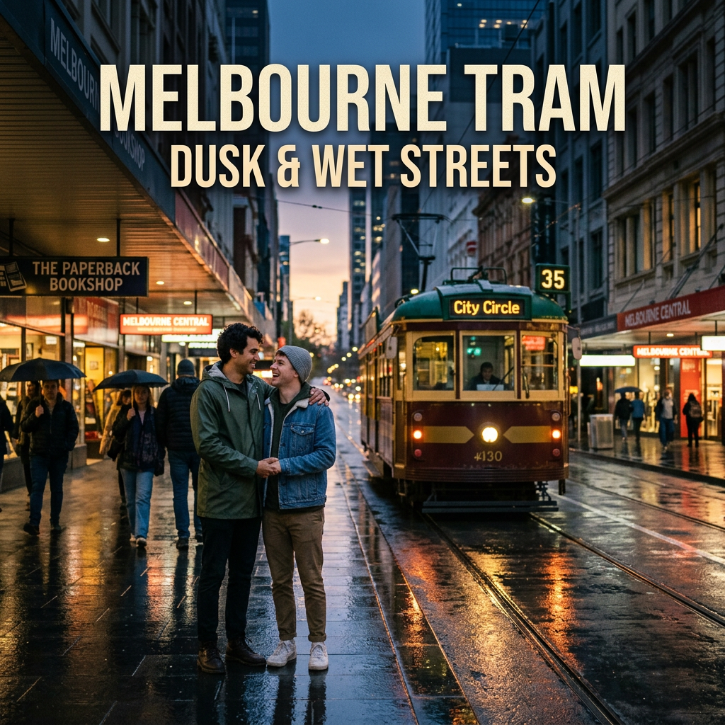 Two people standing close on wet Melbourne street with tram marked City Circle behind