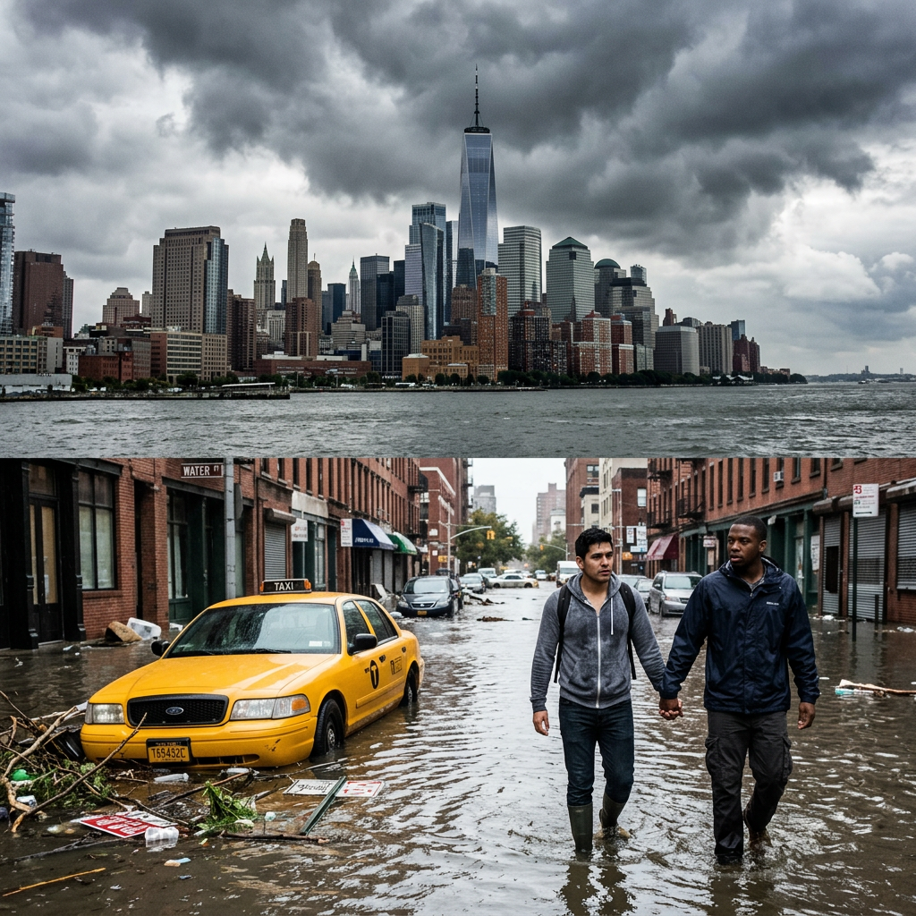 Flooded street in New York with stranded yellow taxi and two men walking, city skyline in background