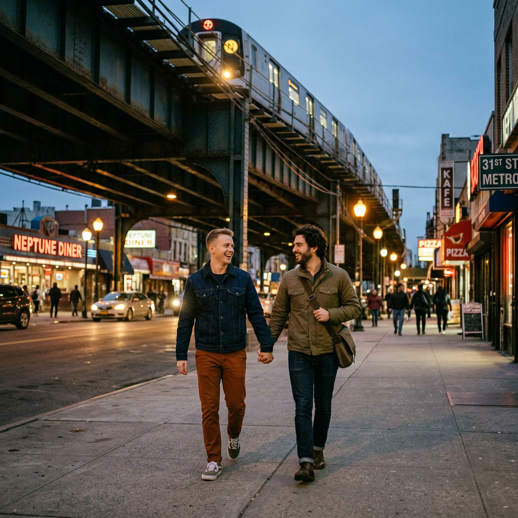 Two men holding hands and walking on city sidewalk under elevated train tracks with neon diner signs