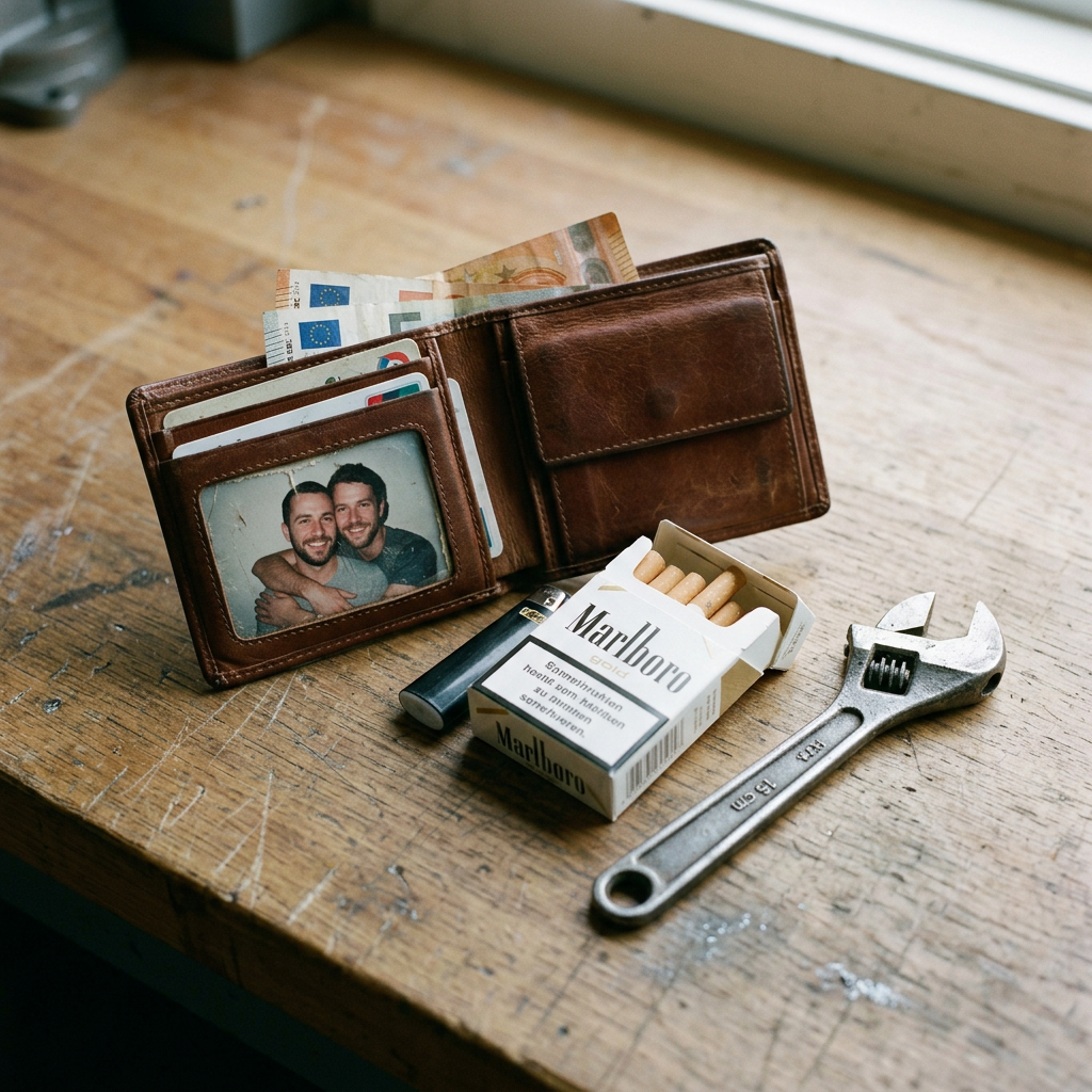 Brown leather wallet with photo and cash, open pack of Marlboro cigarettes, lighter, and adjustable wrench on wooden surface